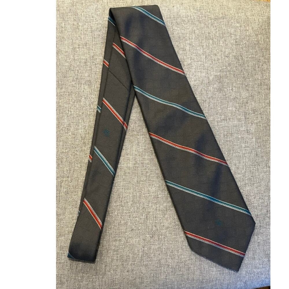 Vintage Christian Dior Logo Neck Tie Navy Light Blue Striped Thin Skinny 2.75"
